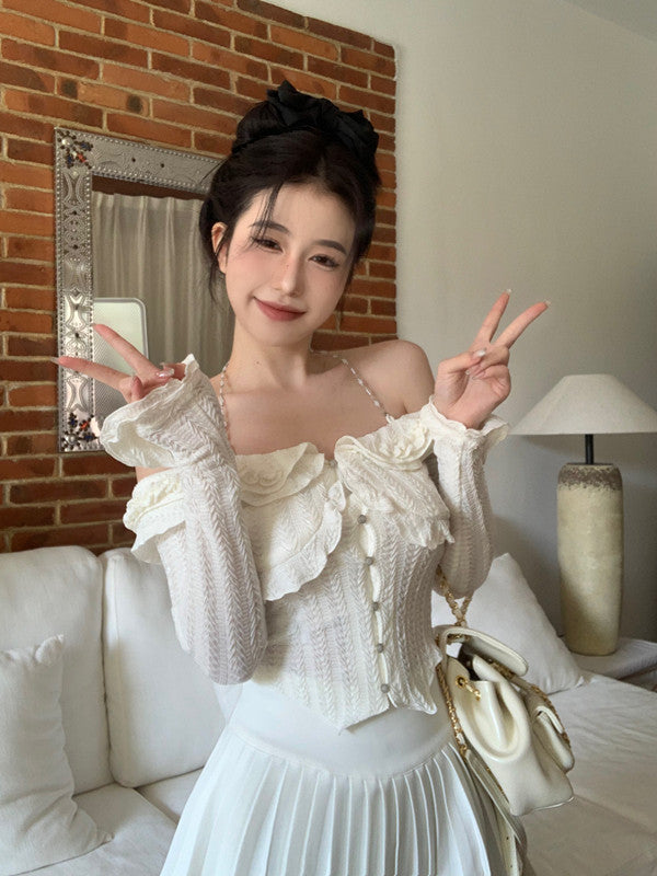 Blusa Blanca de Manga Larga Hombro Descubierto para Mujer - Image 3