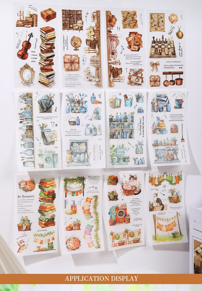 Soft Home Time Series decorative stickers featuring retro-style illustrations of furniture, books, and flowers. - Image 14