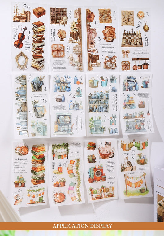 Soft Home Time Series decorative stickers featuring retro-style illustrations of furniture, books, and flowers. - Image 14
