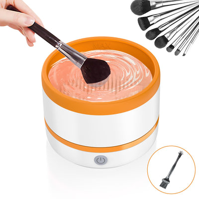 Automatic makeup brush cleaning device in white and light blue, actively cleaning a dark makeup brush. - Image 6