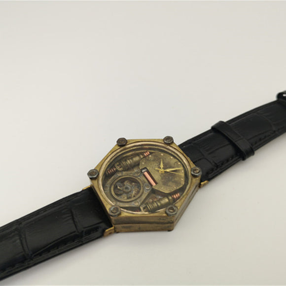 Cinturón Steampunk de Cuero Genuino para Hombre con Reloj de Cobre