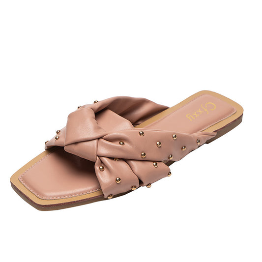 Sandalias Tejidas con Remaches - Cómodas Pantuflas Planas para Mujer