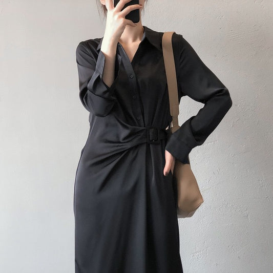 Vestido Camisero de Satén Estilo Coreano con Diseño Sofisticado
