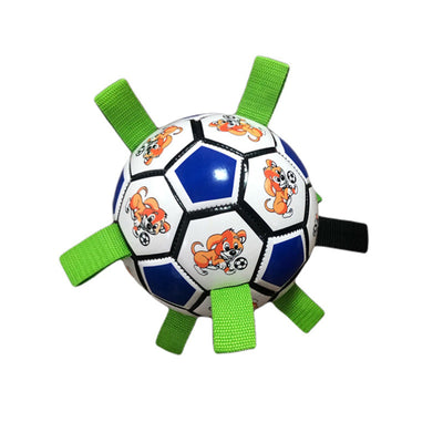 Red and white dog football toy with green fabric loops, featuring cartoon dogs playing with a soccer ball. - Image 6
