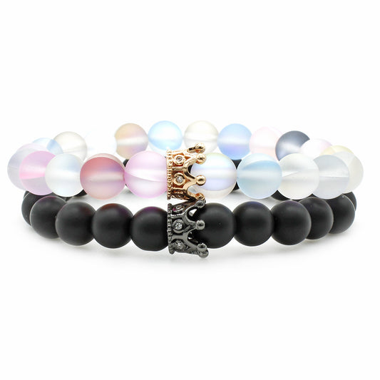 Pulsera de Piedra Volcánica Blanca 8MM con Circones Incrustados y Corona