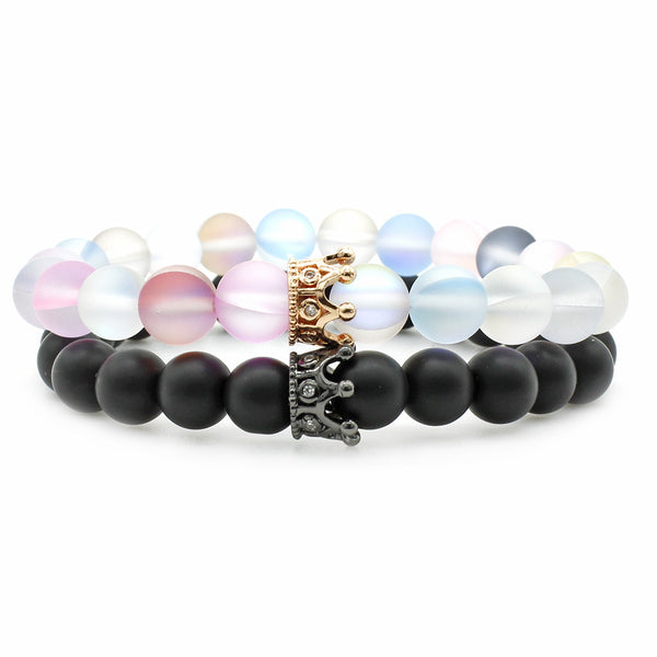Pulsera de Piedra Volcánica Blanca 8MM con Circones Incrustados y Corona