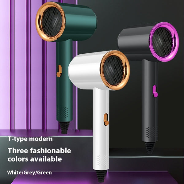 Green electric hair dryer with gold accents, 1200W, negative ion technology, and intelligent temperature control.