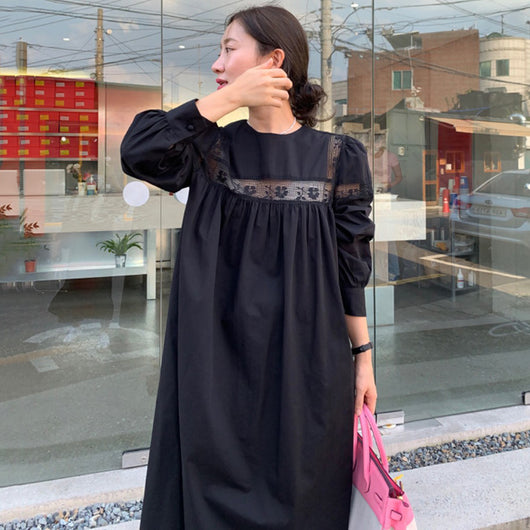Vestido Suelto de Encaje con Cuello Redondo y Mangas Abullonadas - Image 11
