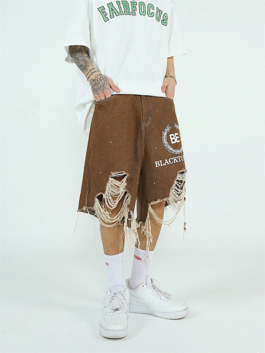 Pantalones Cortos Denim Rotos Hombre Estilo Urbano Pierna Ancha - Image 7