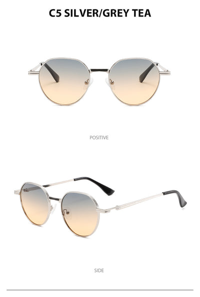 Round metal sunglasses with silver frames and dark gray lenses, featuring black temple tips, on a white background. - Image 31
