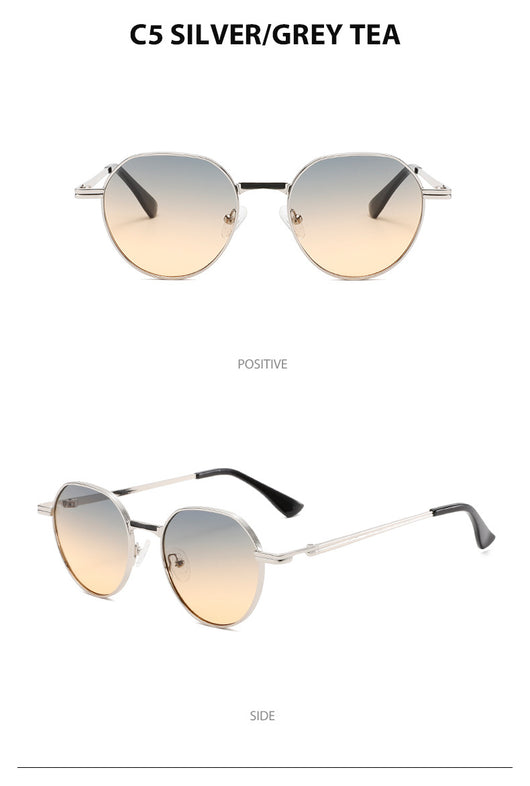 Round metal sunglasses with silver frames and dark gray lenses, featuring black temple tips, on a white background. - Image 31