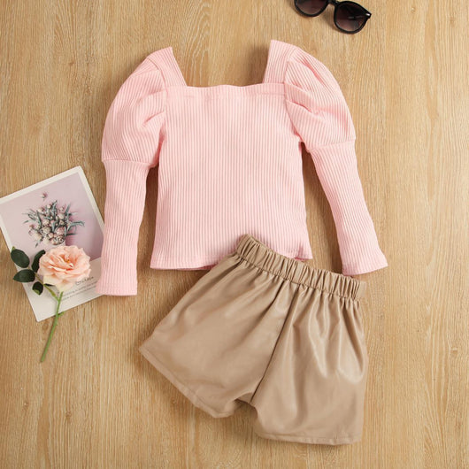 Conjunto Infantil: Top de Manga Larga con Rayas y Pantalones de Cuero Café Claro - Image 2