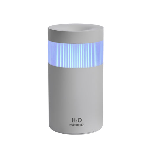 Light pink mini desktop USB humidifier with a blue LED light band and "H₂O HUMIDIFIER" text on the front. - Image 2