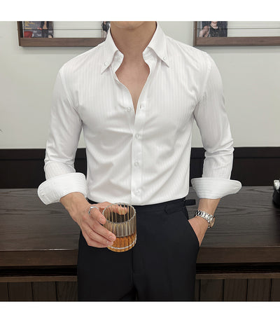 Camisa de Vestir Manga Larga a Rayas para Hombre con Cuello Italiano - Image 38