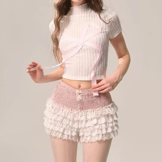 Shorts de Encaje Blanco Francés Flor de Durazno