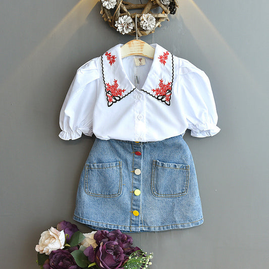 Conjunto Infantil Blusa con Cuello Bordado y Falda Denim