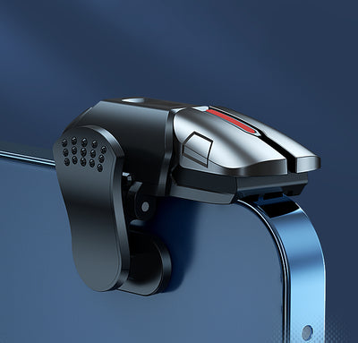 Pair of black and silver G21 six-finger auxiliary firing mobile gaming triggers with red accents on a blue surface. - Image 14