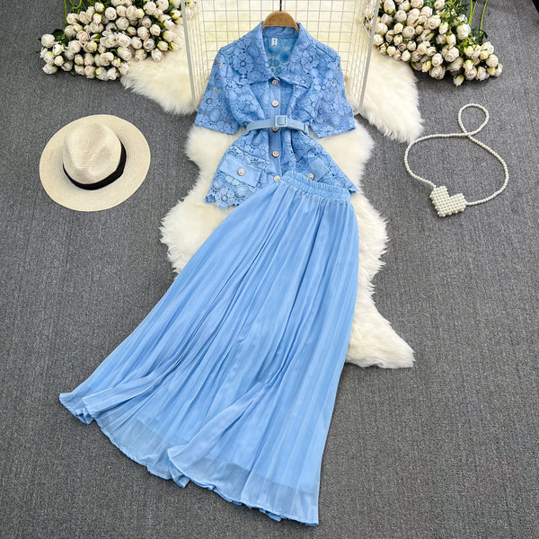 Conjunto Elegante: Blusa Suelta con Encaje y Falda Plisada de Cintura Alta - Image 6