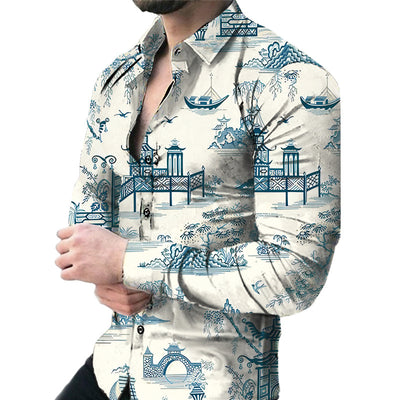 Camisa Casual de Manga Larga con Estampado Floral Grande para Hombre - Image 15