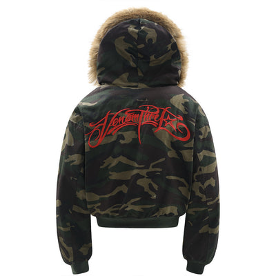 Abrigo Hoodie de Terciopelo con Bordado de Letras y Patrón Camuflaje - Image 3