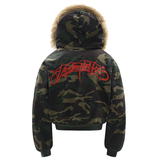 Abrigo Hoodie de Terciopelo con Bordado de Letras y Patrón Camuflaje - Image 3