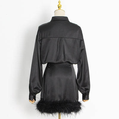 Vestido Camisero Satinado con Plumas - Manga Larga Color Sólido - Image 11