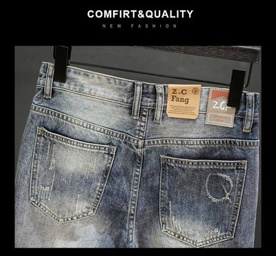 Pantalones Cortos Denim Rotos con Dobladillo Fuzzy - Estilo Retro Trendy para Hombre - Image 14
