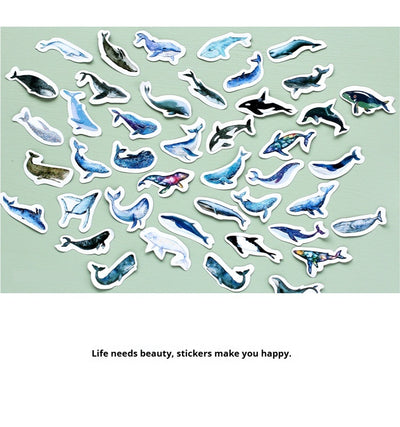 Box of 'Lifelog sticker' whale stickers with various blue whale designs scattered on a light blue plate. - Image 10