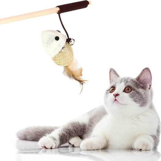 Wooden cat wand toy with a brown string, a small silver bell, a cream fabric mouse, and light brown feathers. - Image 10
