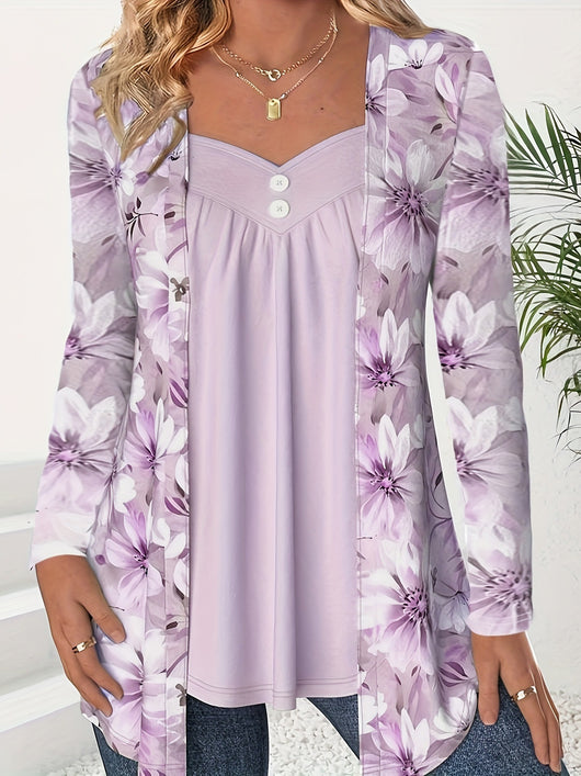Blusa Estampada Dos en Uno con Botones y Mangas Largas - Image 8