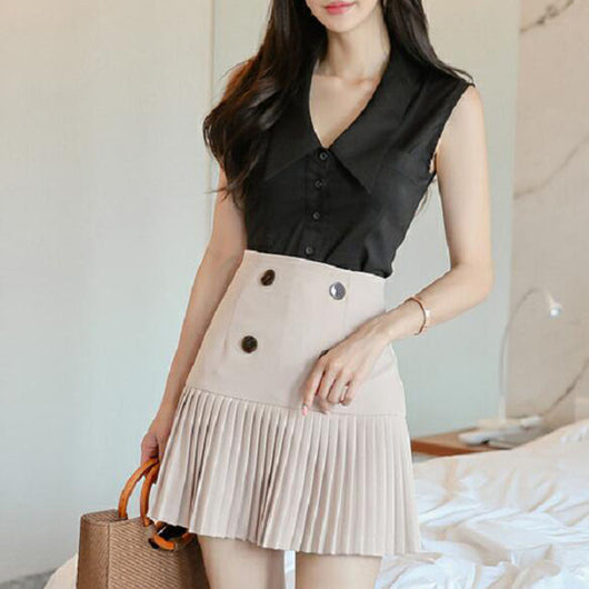 Conjunto Dos Piezas: Blusa Escote V sin Mangas + Falda Plisada Cintura Alta