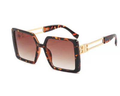Women's large frame square sunglasses with black plastic frames, purple gradient lenses, and gold-tone metal temples. - Image 16