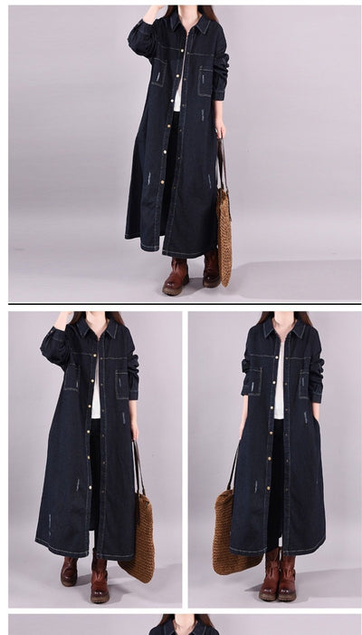 Abrigo Denim Tipo Trench Suelto Retro Desgastado Largo Medio - Image 15