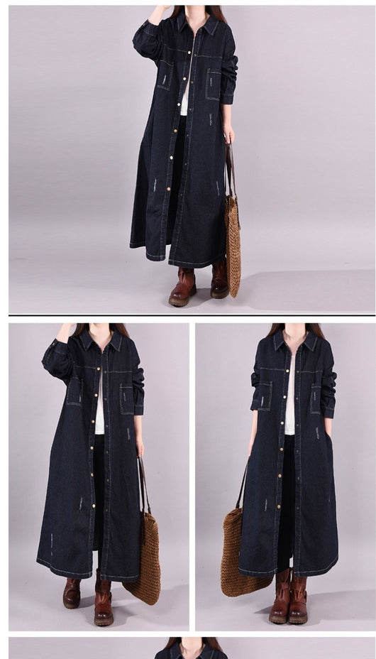 Abrigo Denim Tipo Trench Suelto Retro Desgastado Largo Medio - Image 15