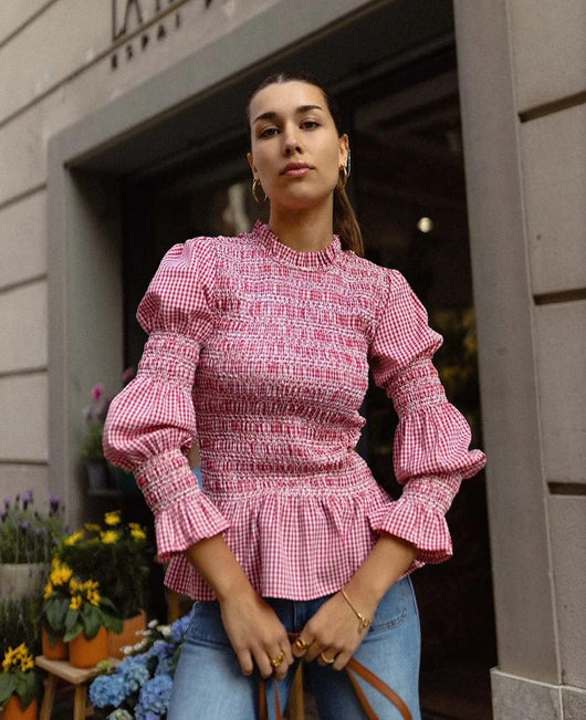 Blusa Ajustada con Pliegues y Estampado Cuadros para Mujer - Image 14