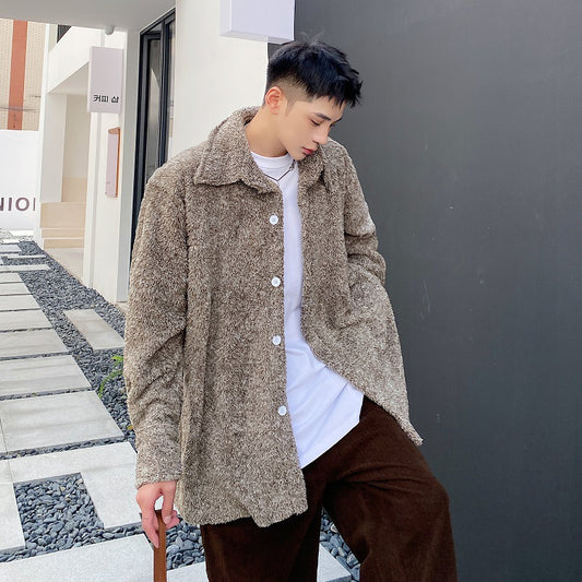 Chaqueta Camisa de Chenilla Suave con Solapa Holgada para Hombre