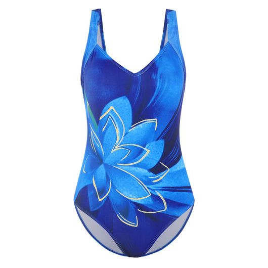 Blue one-piece swimsuit with a large light blue lotus floral print outlined in gold, featuring a V-neck and wide straps. - Image 4