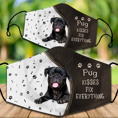 Two cotton face masks with a Bichon Frise dog, paw prints, and bones on a white and brown background. Text reads "Bichon Frise KISSES FIX EVERYTHING." - Image 52