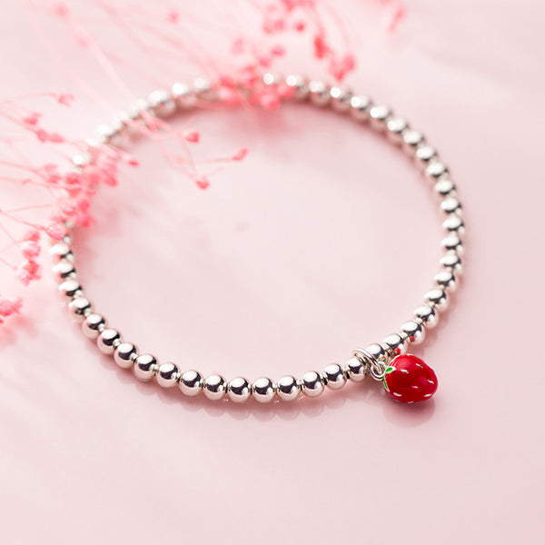 Pulsera de Plata S925 con Dije de Fresa Lacado Estilo Coreano