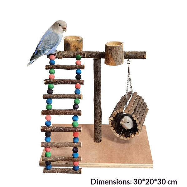Solid wood parrot stand with multiple natural branch perches and a pinecone, featuring a cockatiel. - Image 5