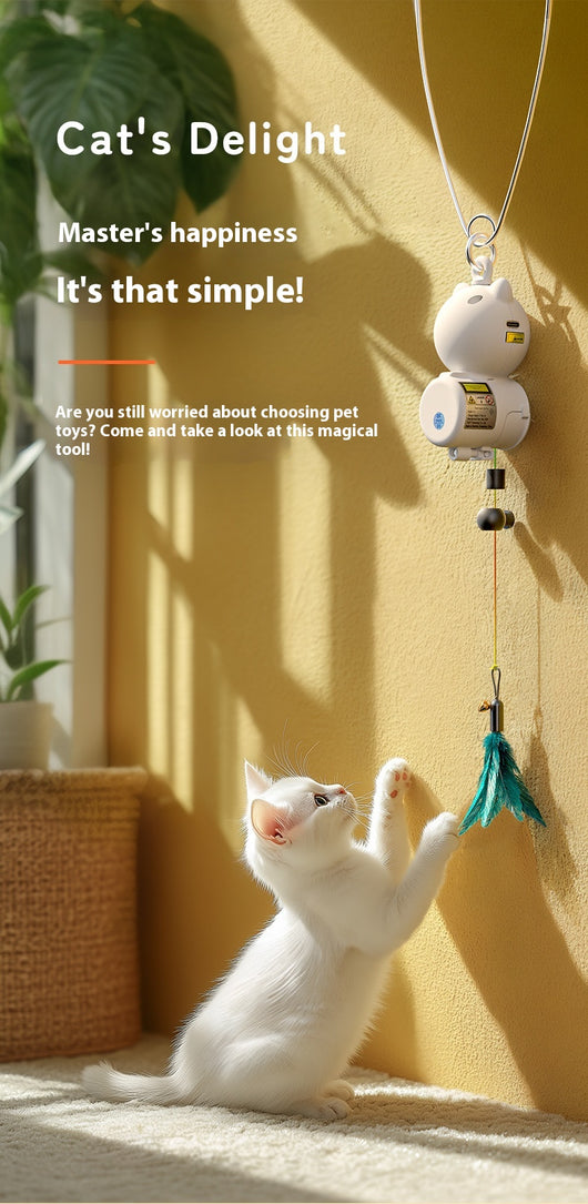 White retractable cat toy with a teal feather attachment hanging from a silver hook, designed for pet play. - Image 7