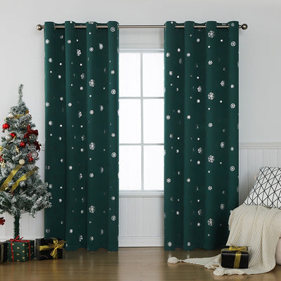Dark green blackout curtains with silver snowflake patterns, hung on a rod in a room with a Christmas tree. - Image 6