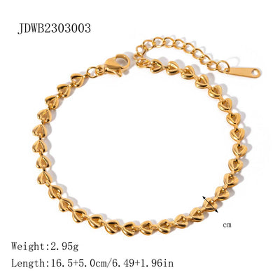 Gold-colored bracelet with a chain of small, interconnected heart-shaped links, featuring a lobster clasp and extender. - Image 9