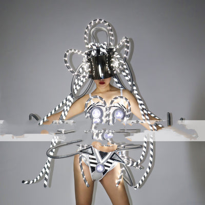 Traje de Rendimiento Cyberpunk con LED Luminoso Plateado - Image 11