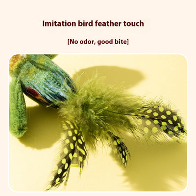 Plush bird cat toy with orange chest, grey body, feathered tail, and an elastic string for interactive play. - Image 4