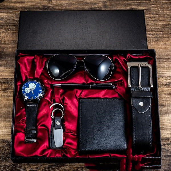 Estuche de Lujo para Hombre: Set 6 en 1 con Gafas de Sol, Cinturón, Reloj, Billetera