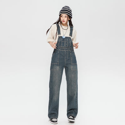 Pantalón Vaquero con Tirantes Mujer Diseño Holgado Desteñido