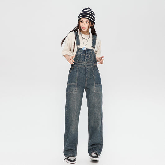 Pantalón Vaquero con Tirantes Mujer Diseño Holgado Desteñido