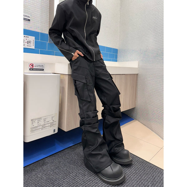 Pantalones Cargo Negros con Bolsillos Plisados para Hombre