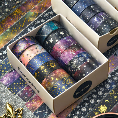 Set of six 1.5cm wide decorative tapes featuring starry sky, zodiac signs, moon phases, constellations, and planets.